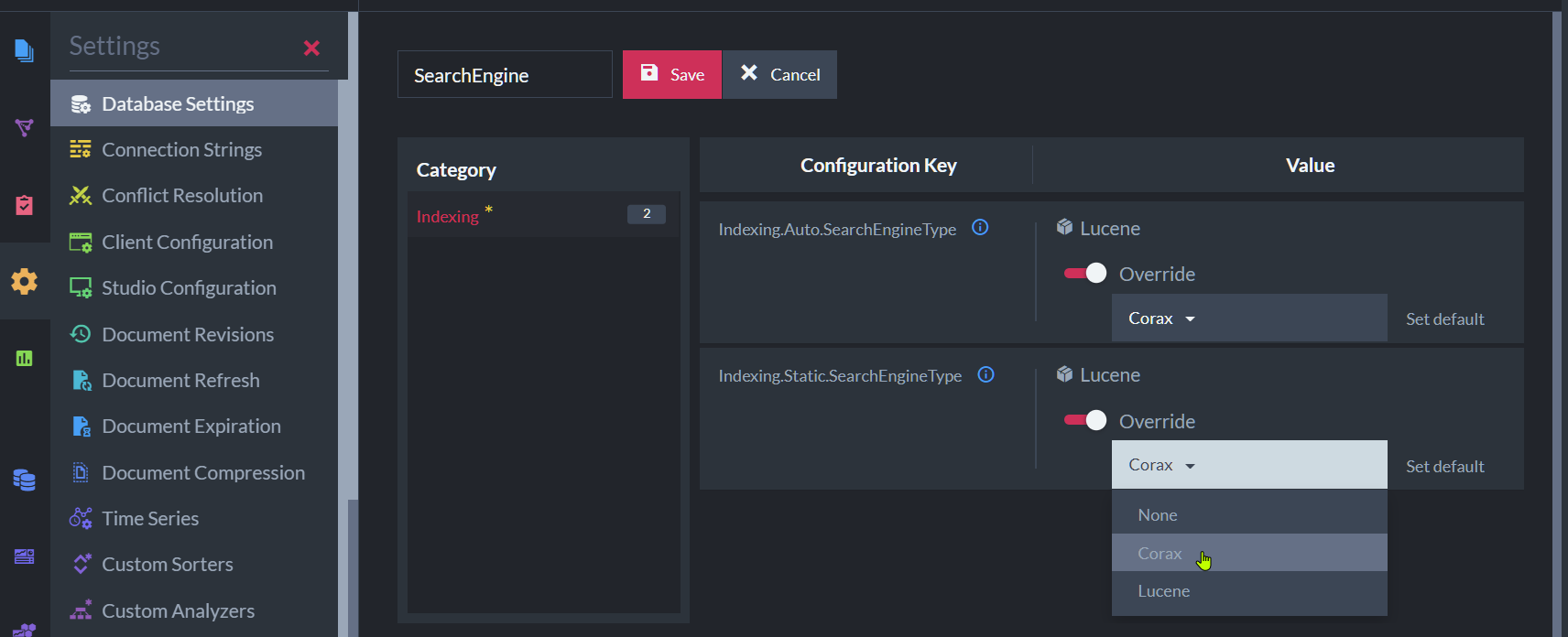 Corax Database Options