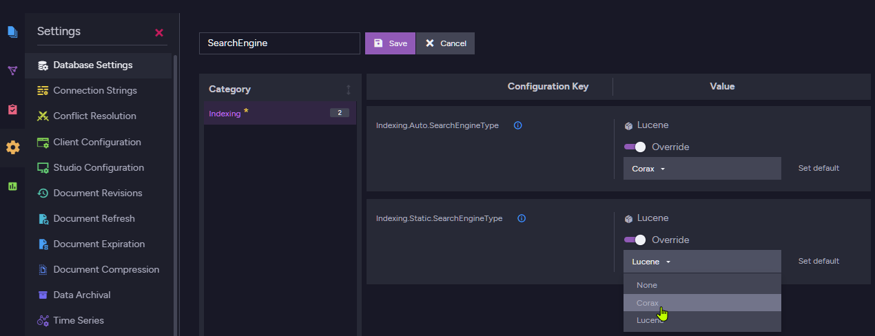 Corax Database Options