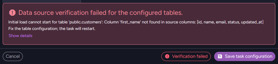 Missing source column