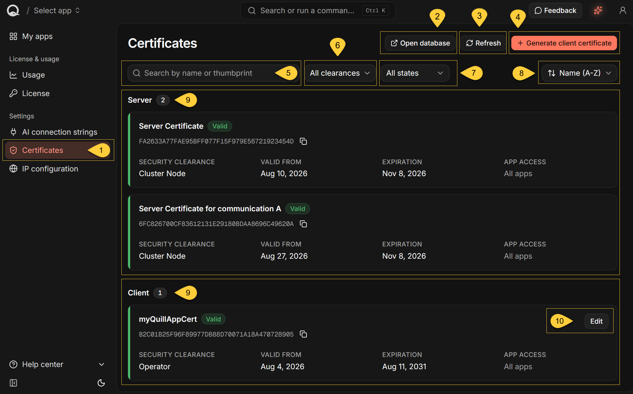 The Certificates view