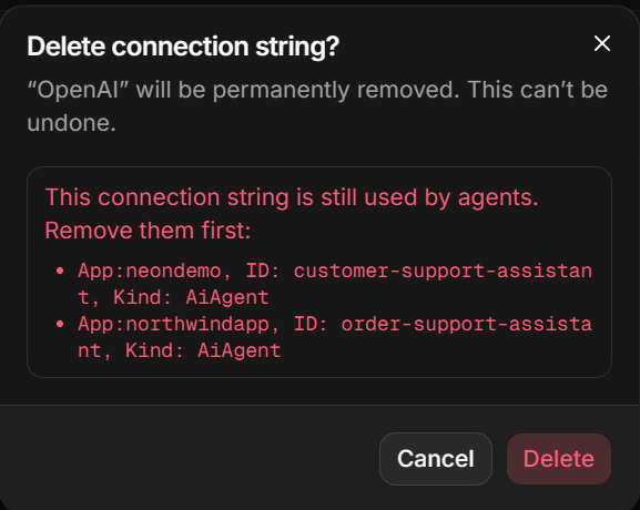 Connection string deletion refused because it is still in use