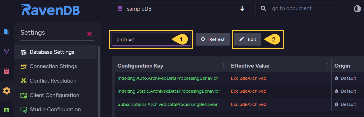 Figure 5. Database Settings: Feature-Specific Archival Configuration