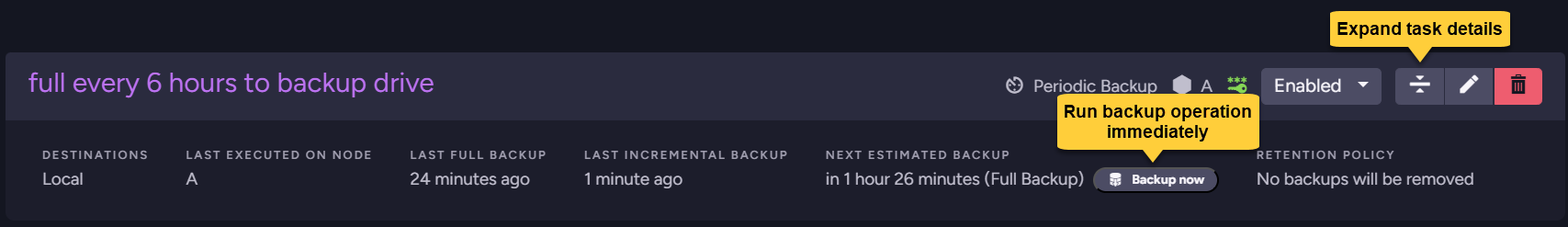 Backups view with tasks