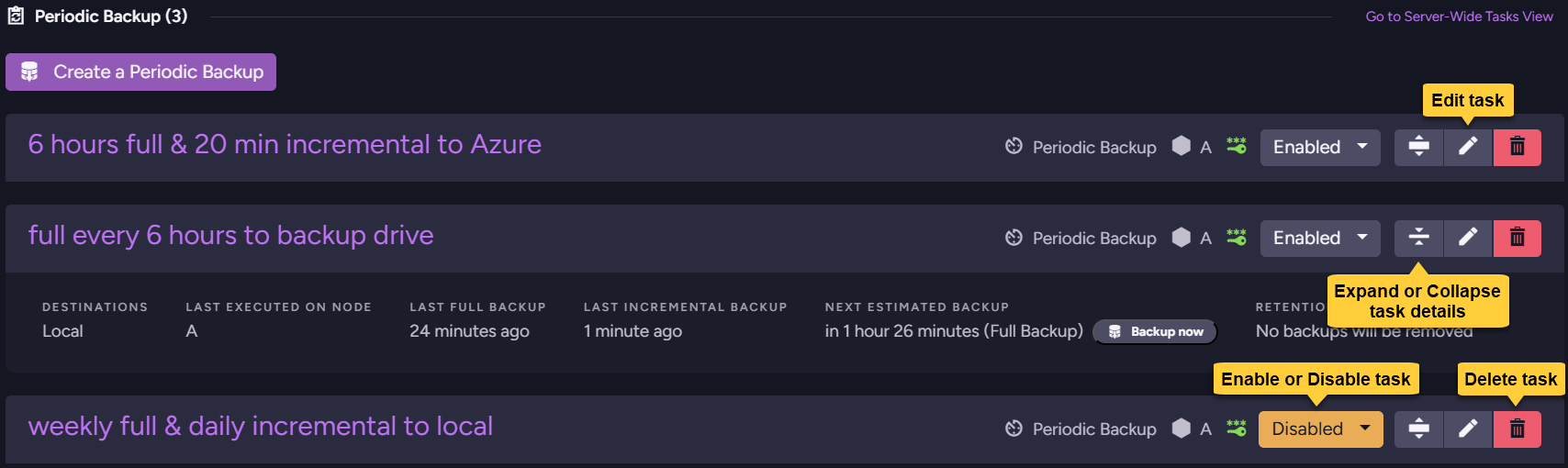 Backups view with tasks