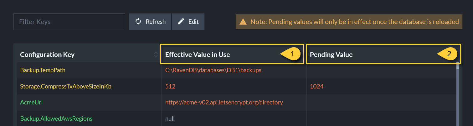 Figure 3: Database Settings with Pending Values