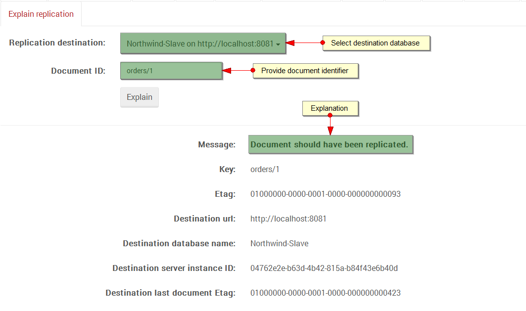 Figure 1. Status. Debug. Explain replication