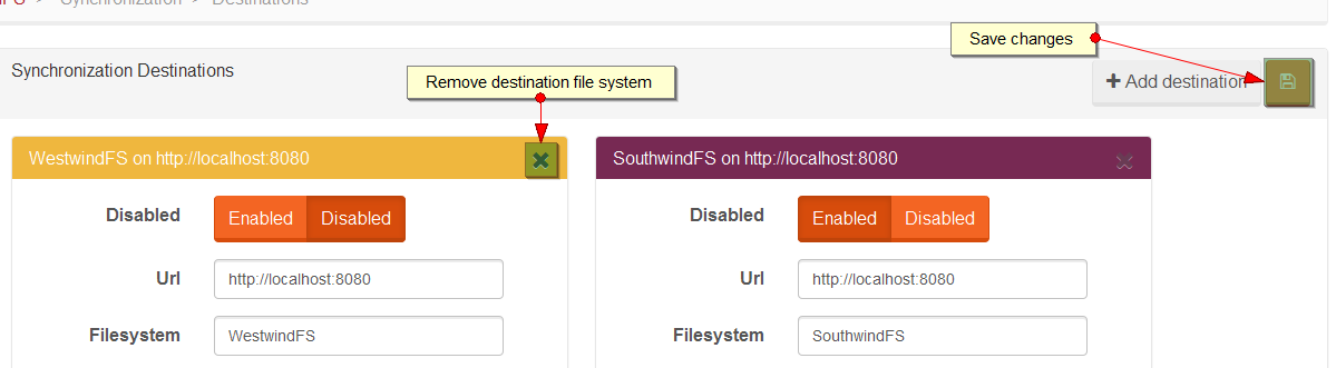 Figure 3. Studio. Destinations view. Remove destination