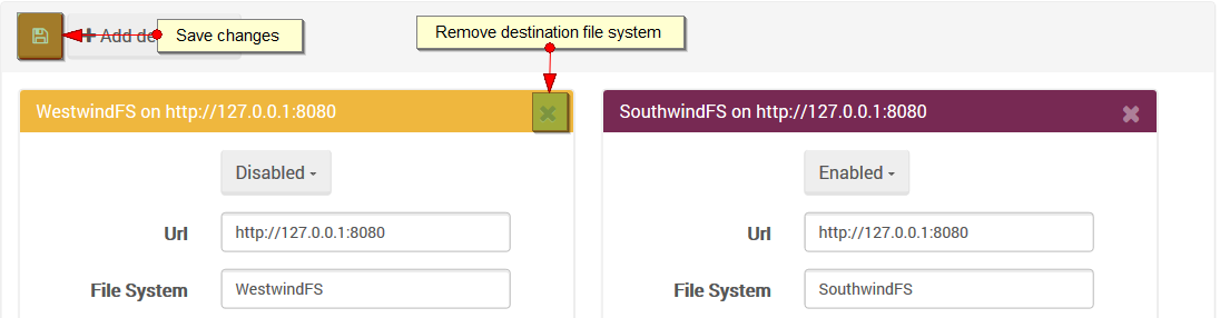 Figure 3. Studio. Destinations view. Remove destination