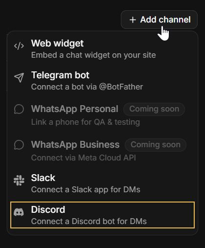 The Add channel menu