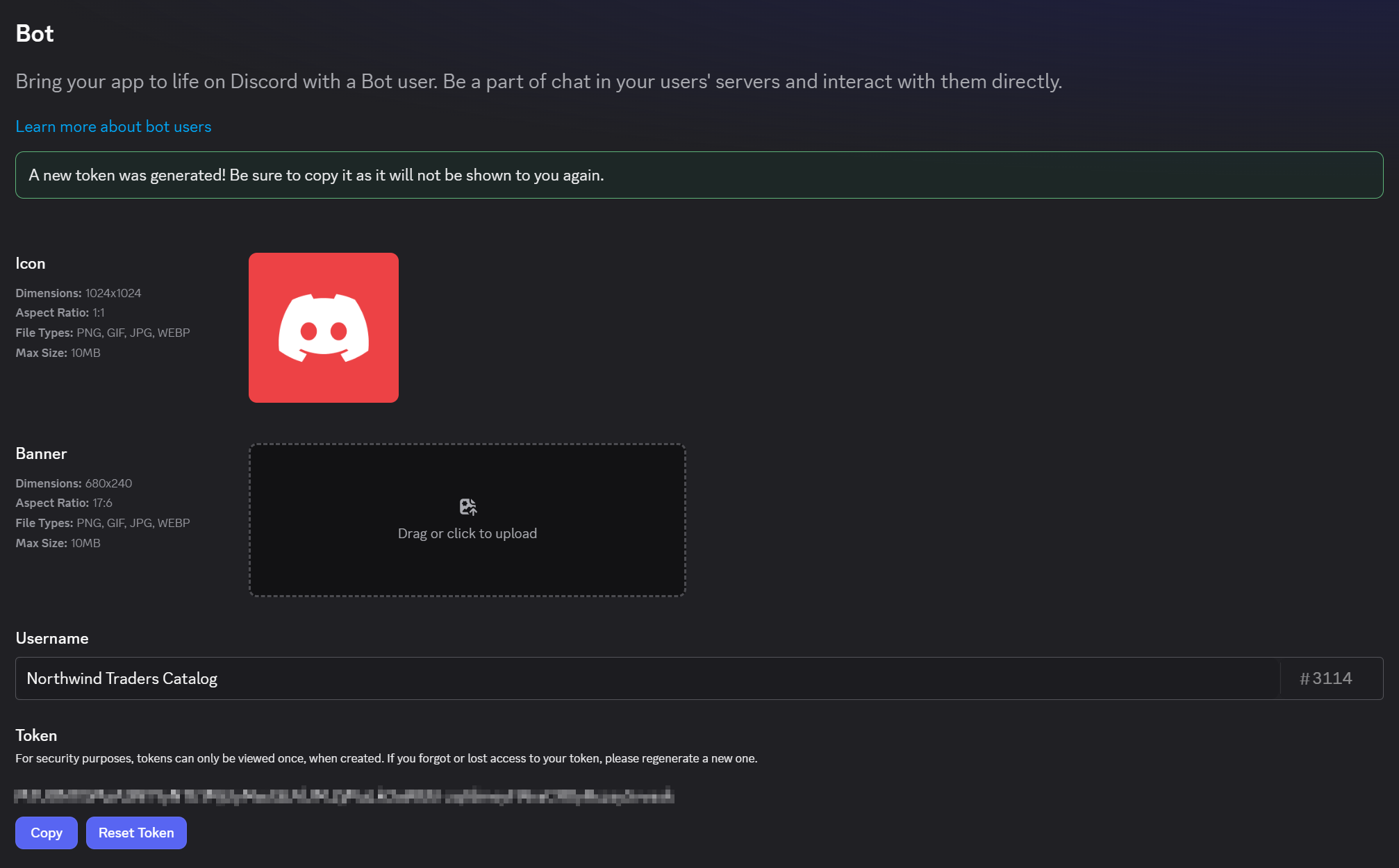 The Bot page after Reset Token