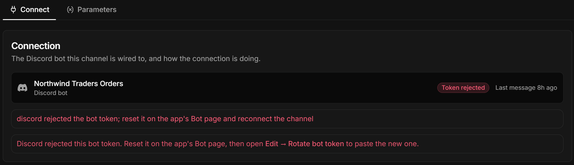 The Connect tab with a rejected token