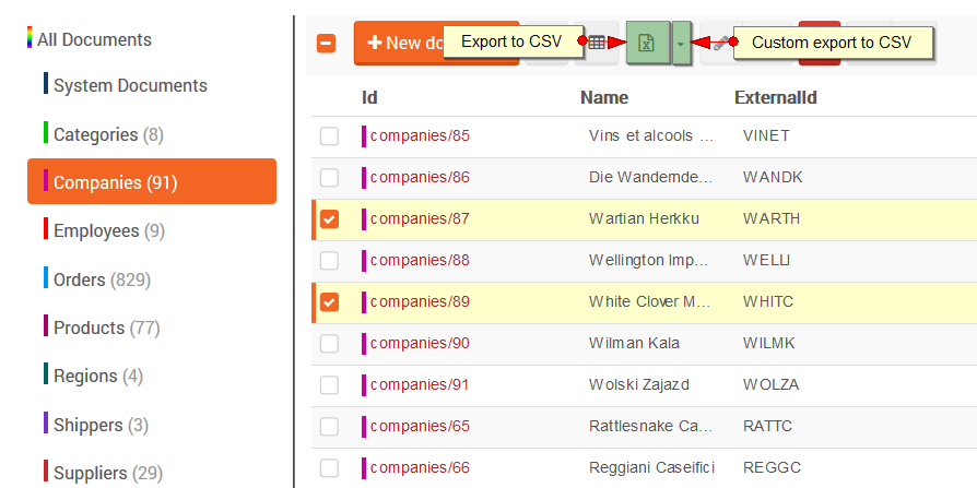 Figure 5. Studio. Documents View. Exporting to CSV.
