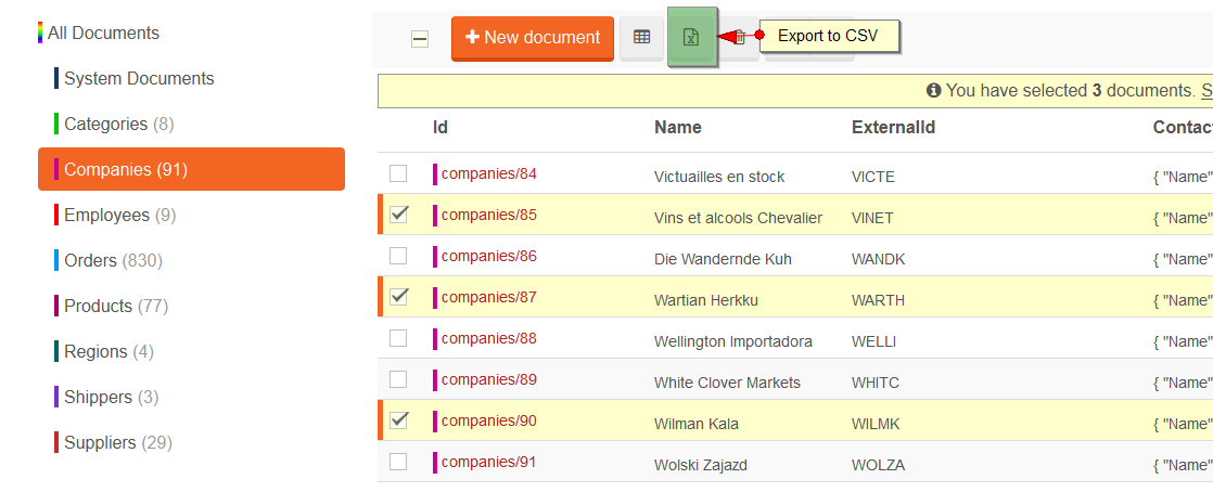 Figure 5. Studio. Documents View. Exporting to CSV.