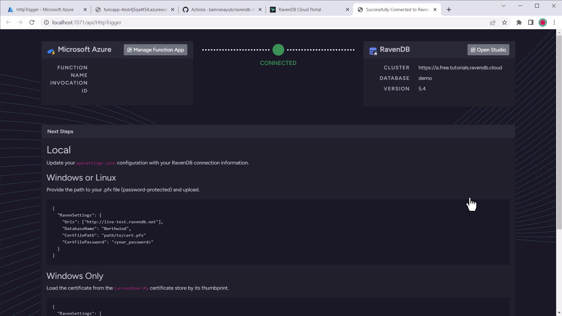 .NET template welcome screen
