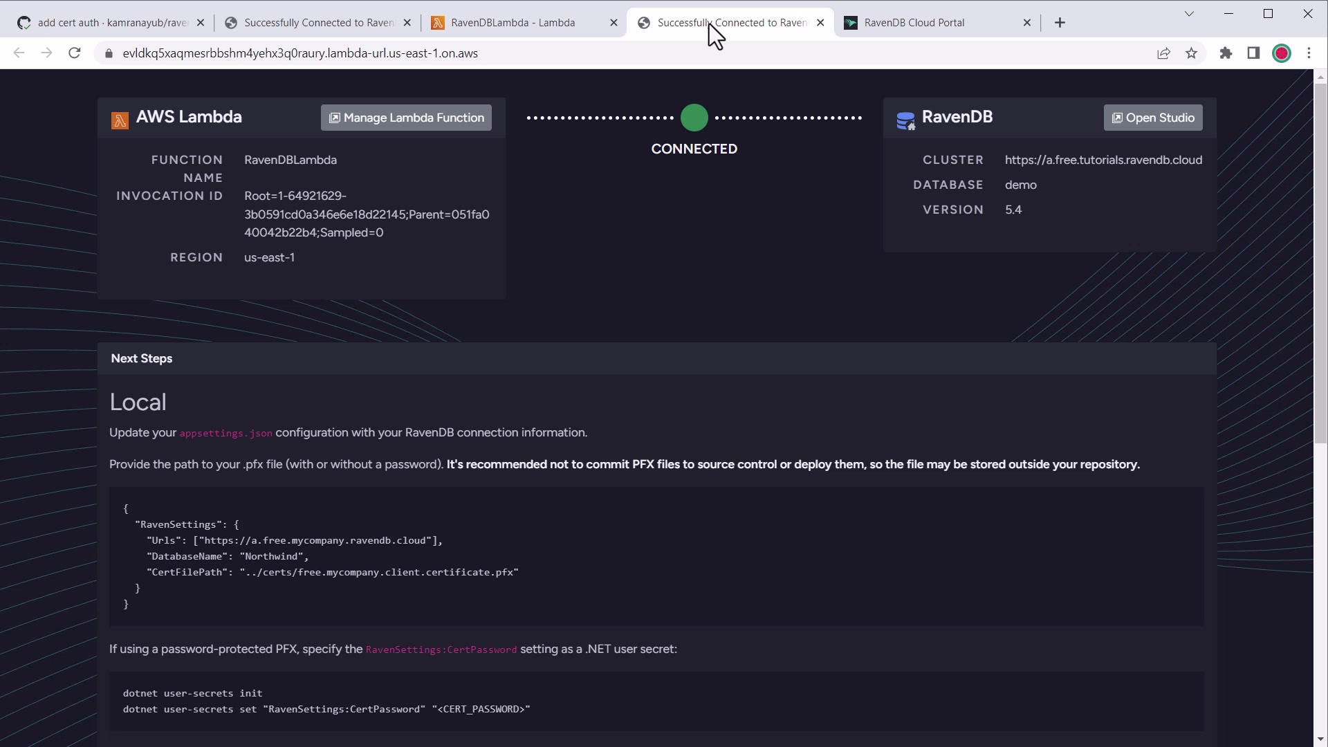 AWS Lambda welcome connected screen