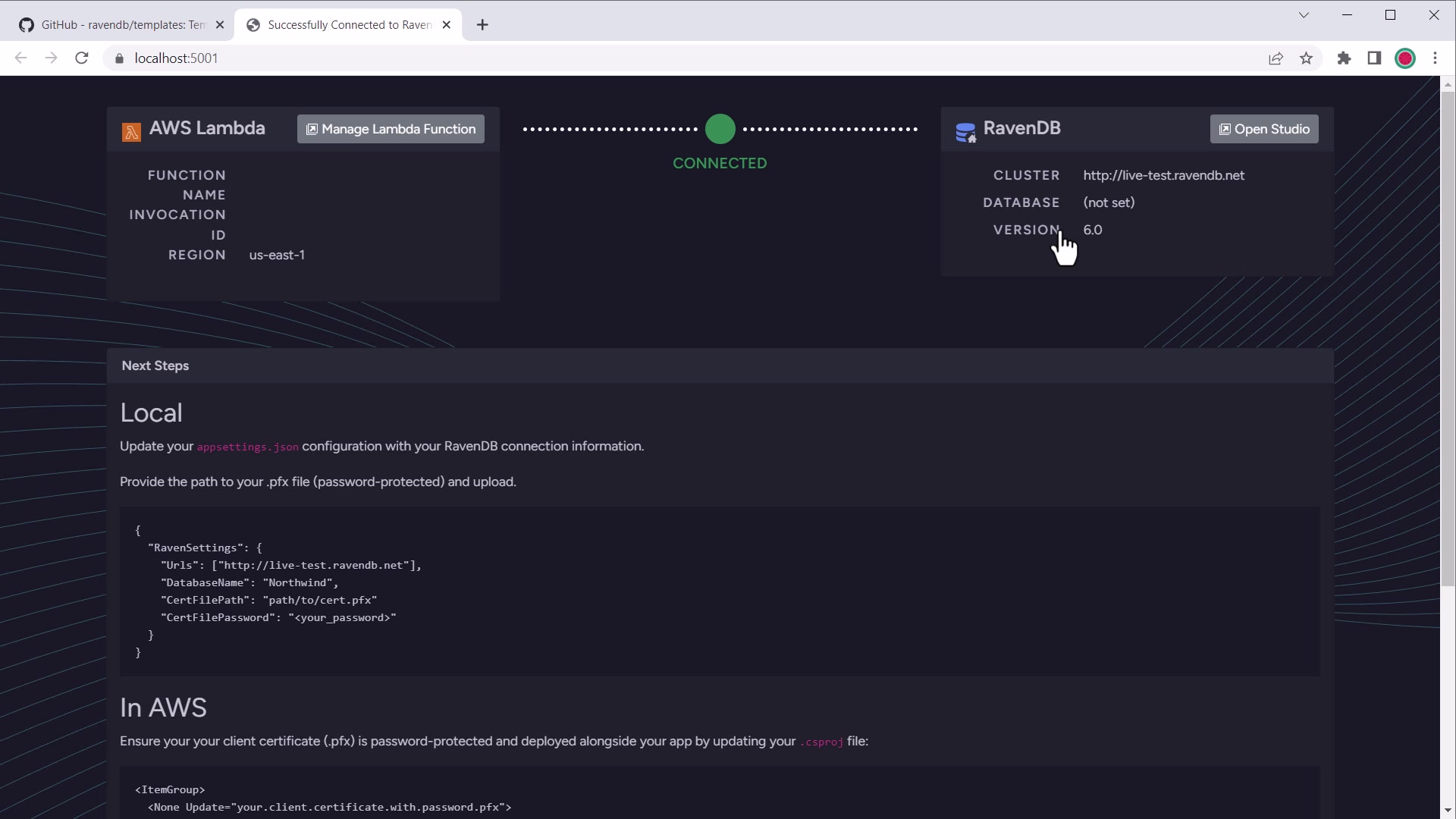 .NET template welcome screen