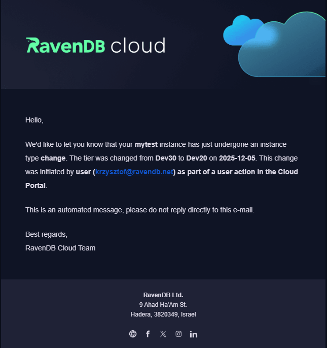 Email notification about an instance type change