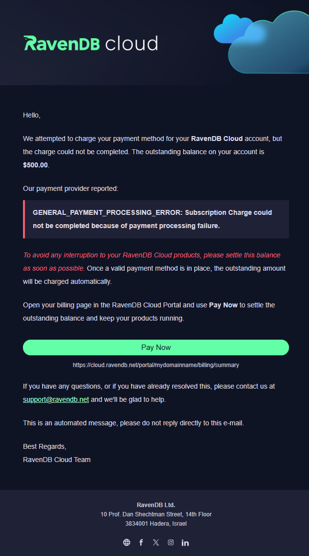 Email notifying of a failed payment