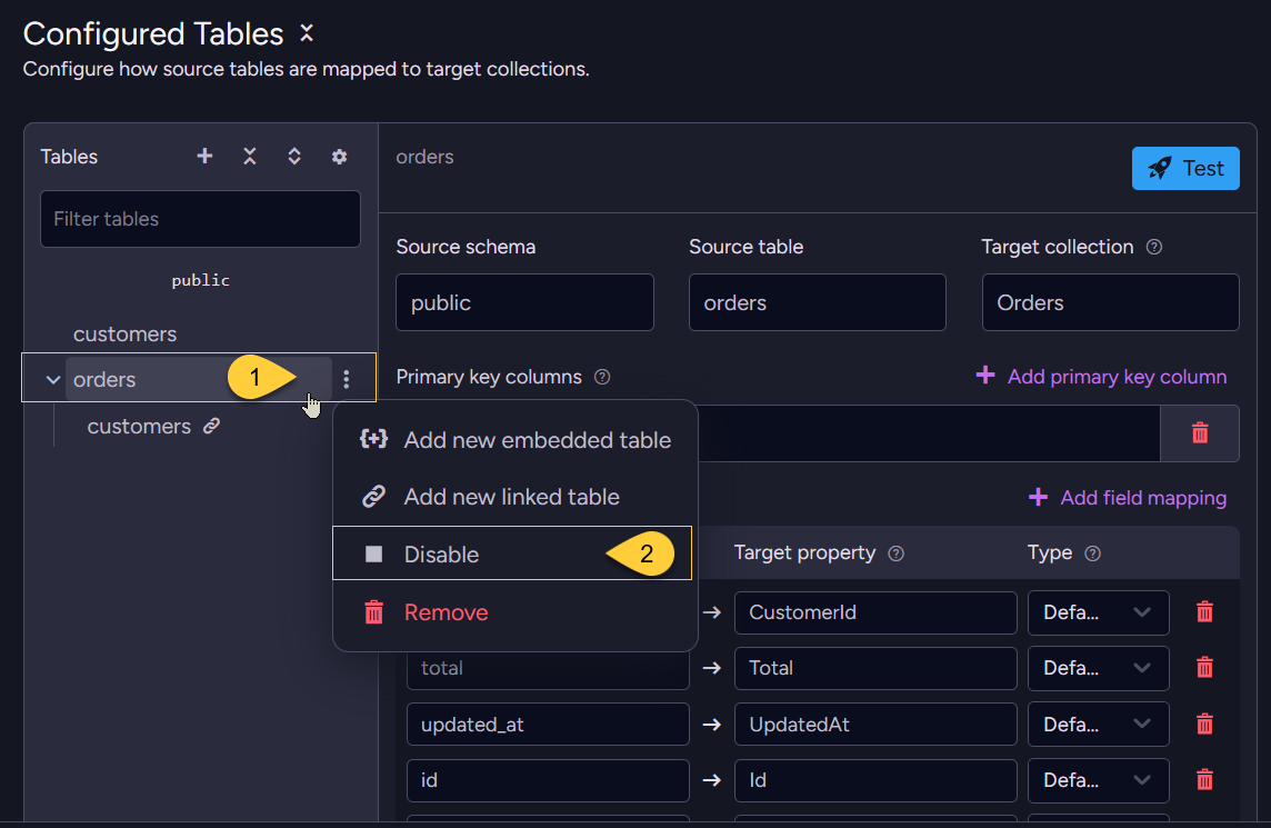 Enable/Disable table