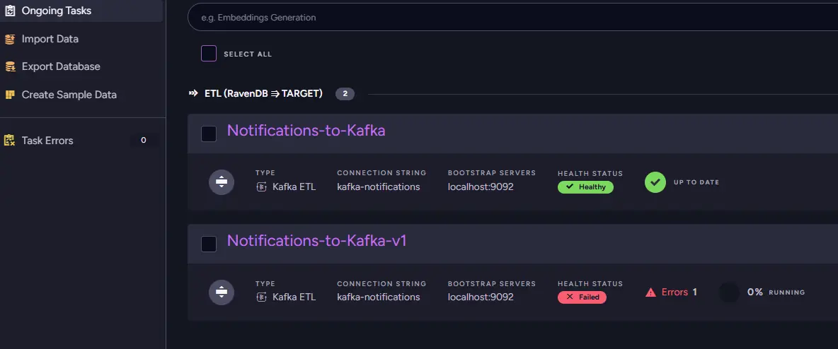RavenDB Studio showing repeated batch failures for an ETL task