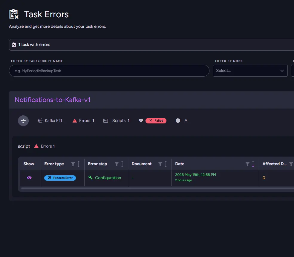 RavenDB ETL Errors view displaying all failures for the failing task