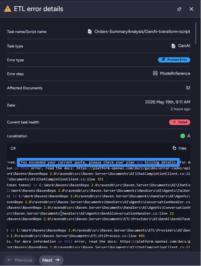 Error detail panel in RavenDB showing the quota exceeded message from the AI provider