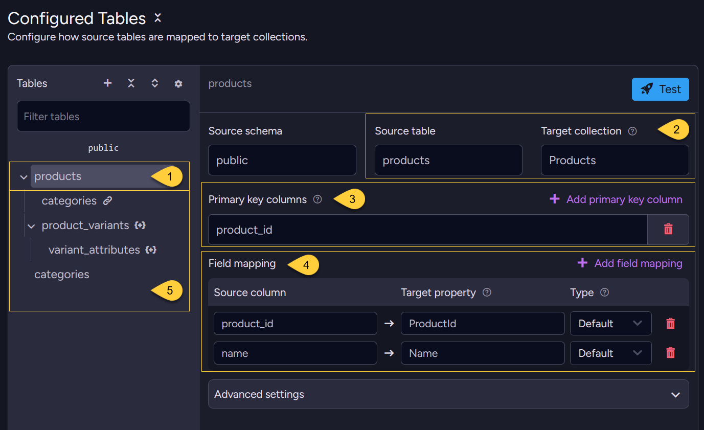 Configure tables - products table