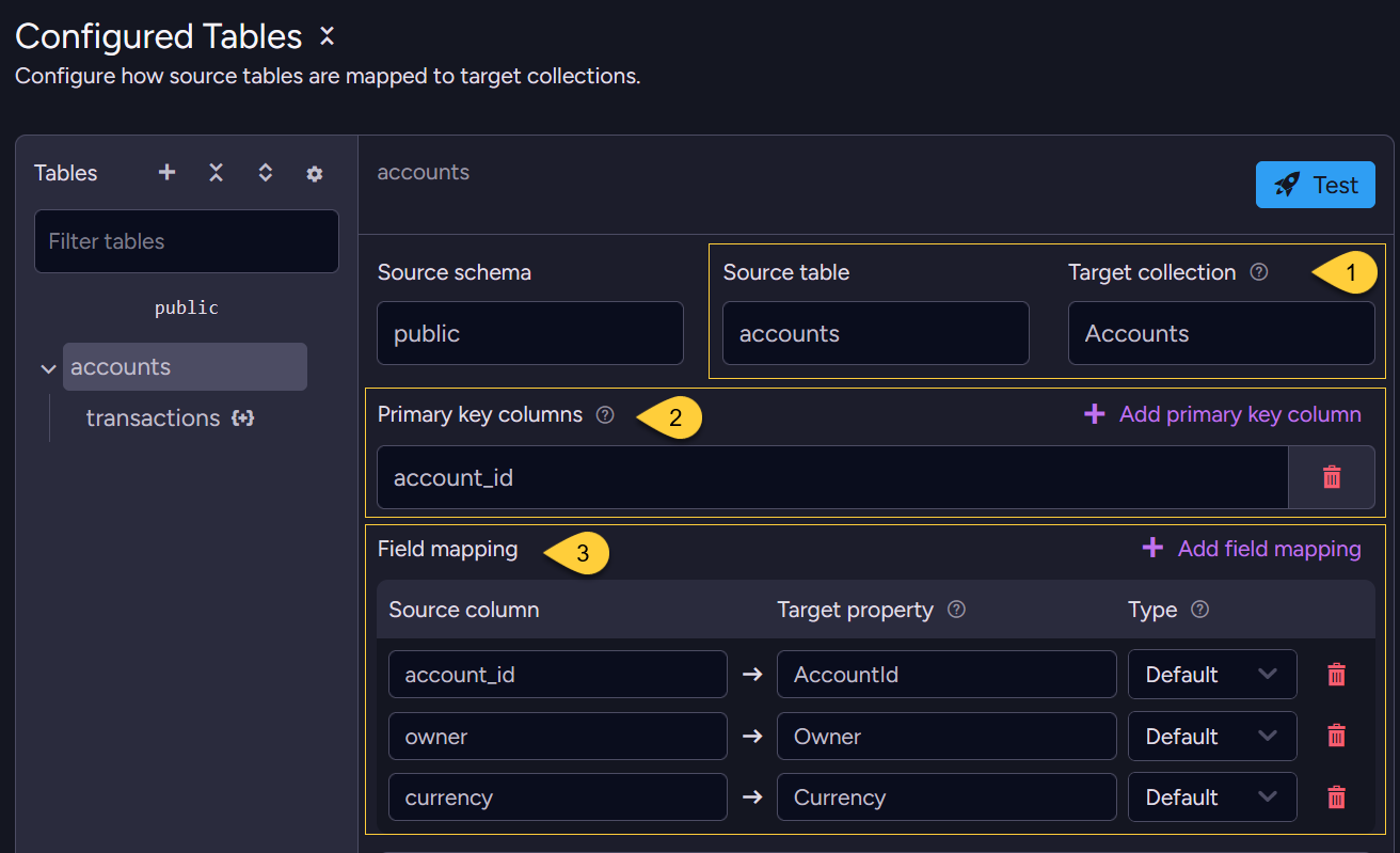 Configure tables - accounts table