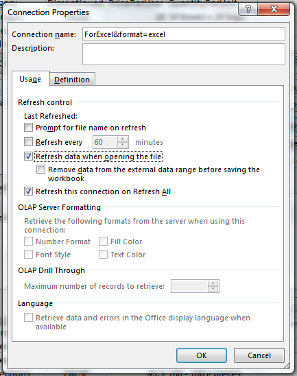 Excel connection properties
