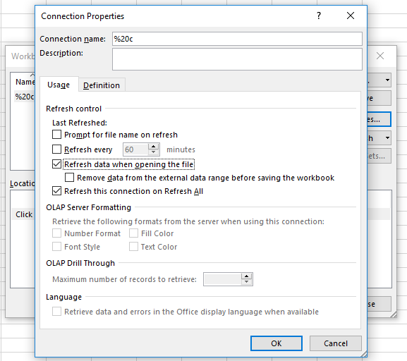 Excel connection properties