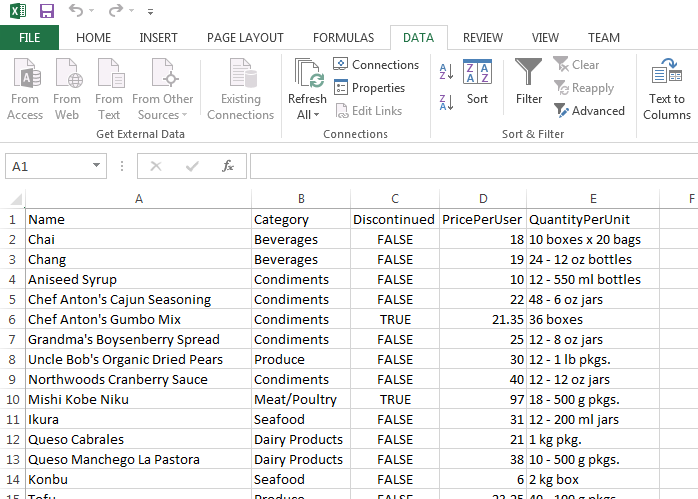 Excel results