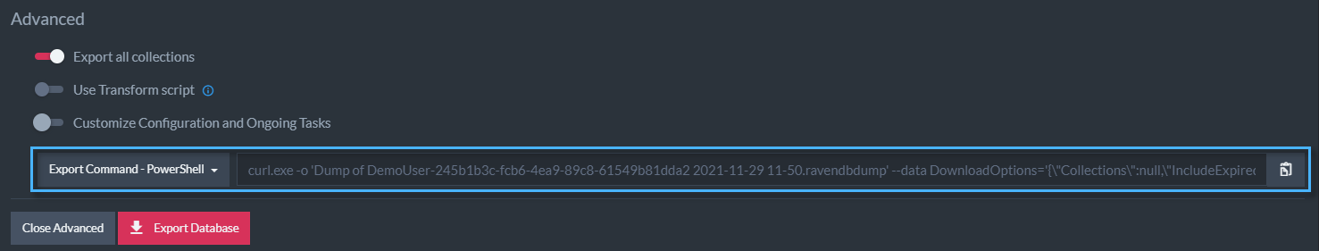Figure 7. Advanced Export Options - Copy command as PowerShell