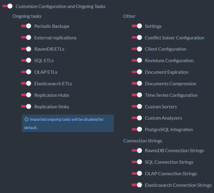 Figure 6. Advanced Export Options - Customize Configuration and Ongoing Tasks