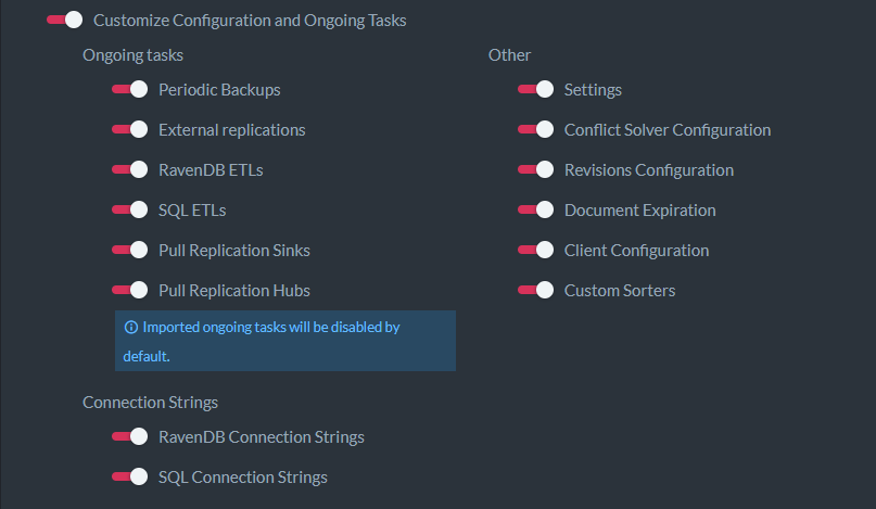 Figure 6. Advanced Export Options - Customize Configuration and Ongoing Tasks