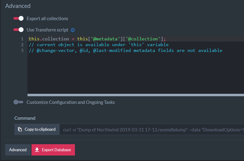 Figure 5. Advanced Export Options - Transform Script