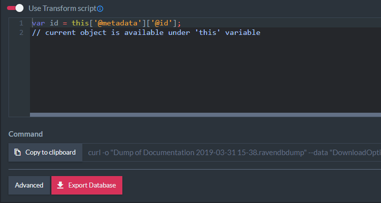 Figure 5. Advanced Export Options - Transform Script