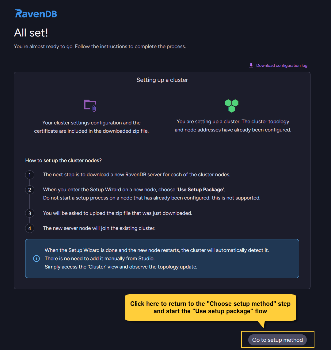 All set - complete cluster setup - when creating setup package