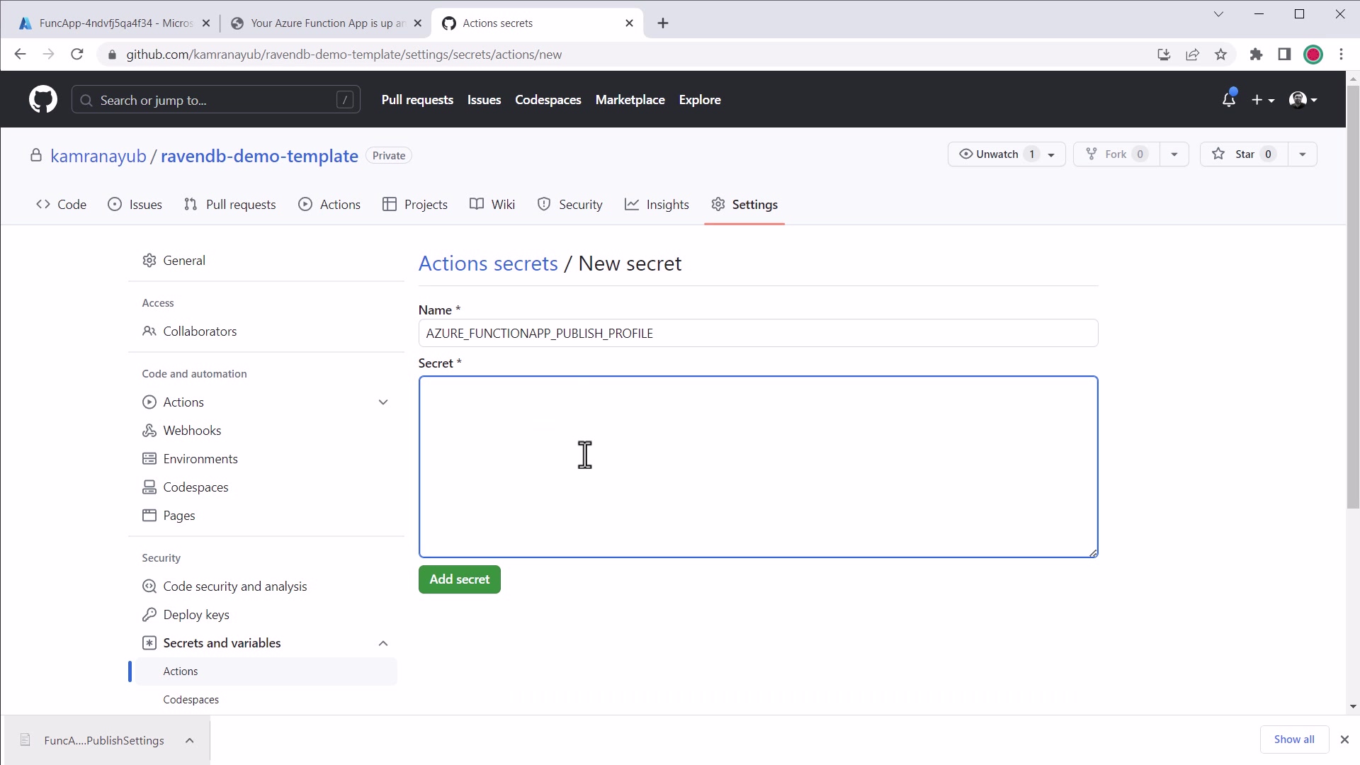 add GitHub secret for publish profile