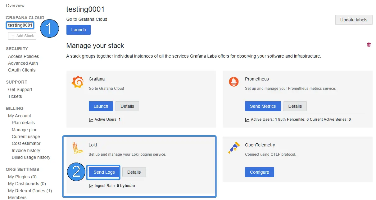 Grafana Cloud stack management panel with Send Logs highlighted under Loki