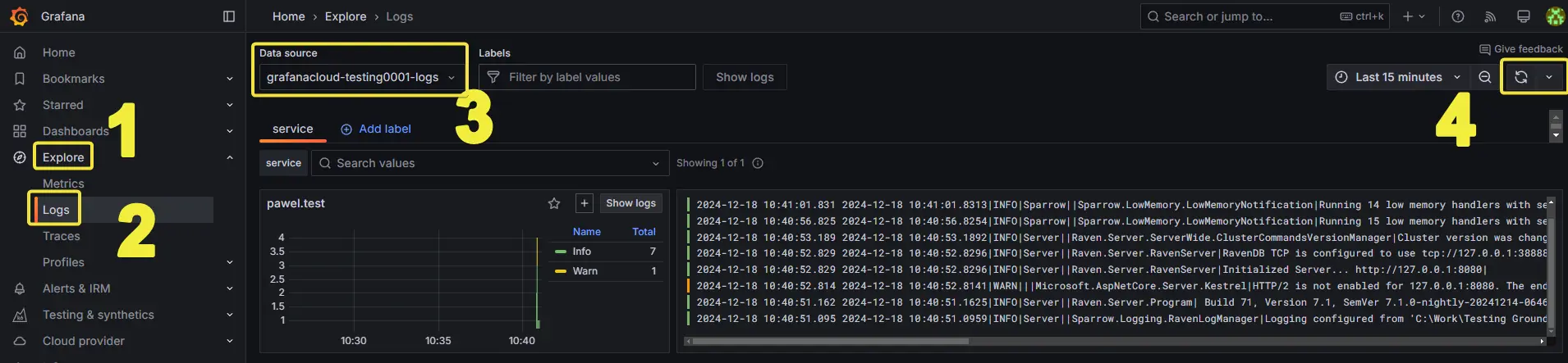 Grafana Explore Logs view showing RavenDB logs from the Loki data source