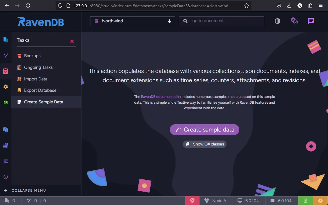 RavenDB Studio Create Sample Data task with the Show C# classes option