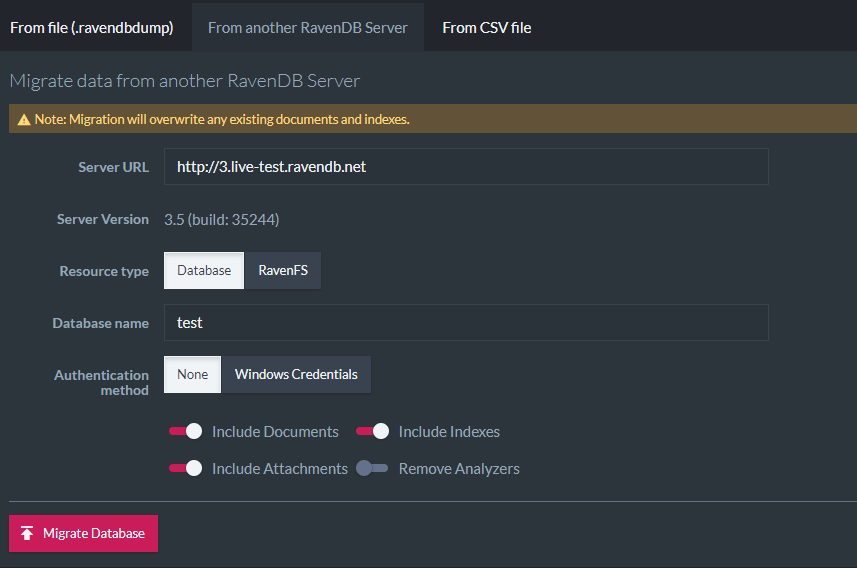 Figure 2. Migrate data from another, running RavenDB