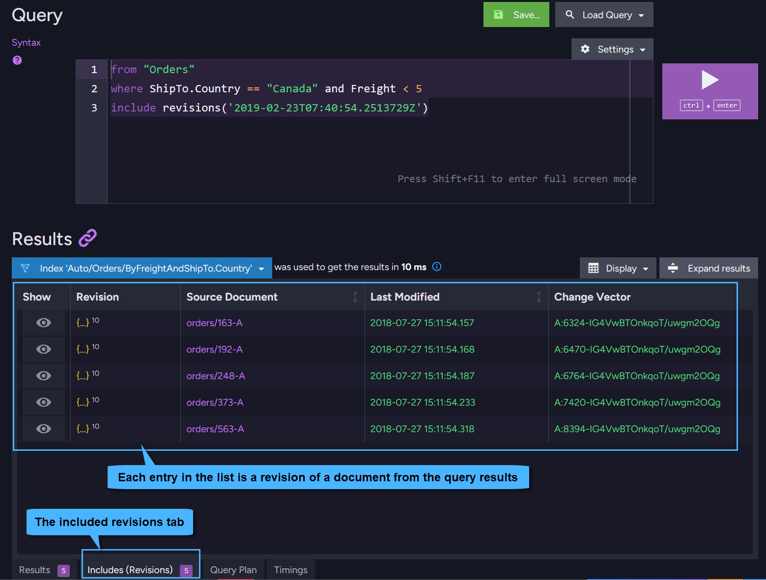 Query results - the included revisions