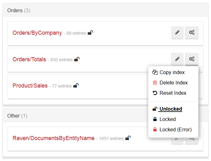 Figure 1: Reset and delete index options in the Studio