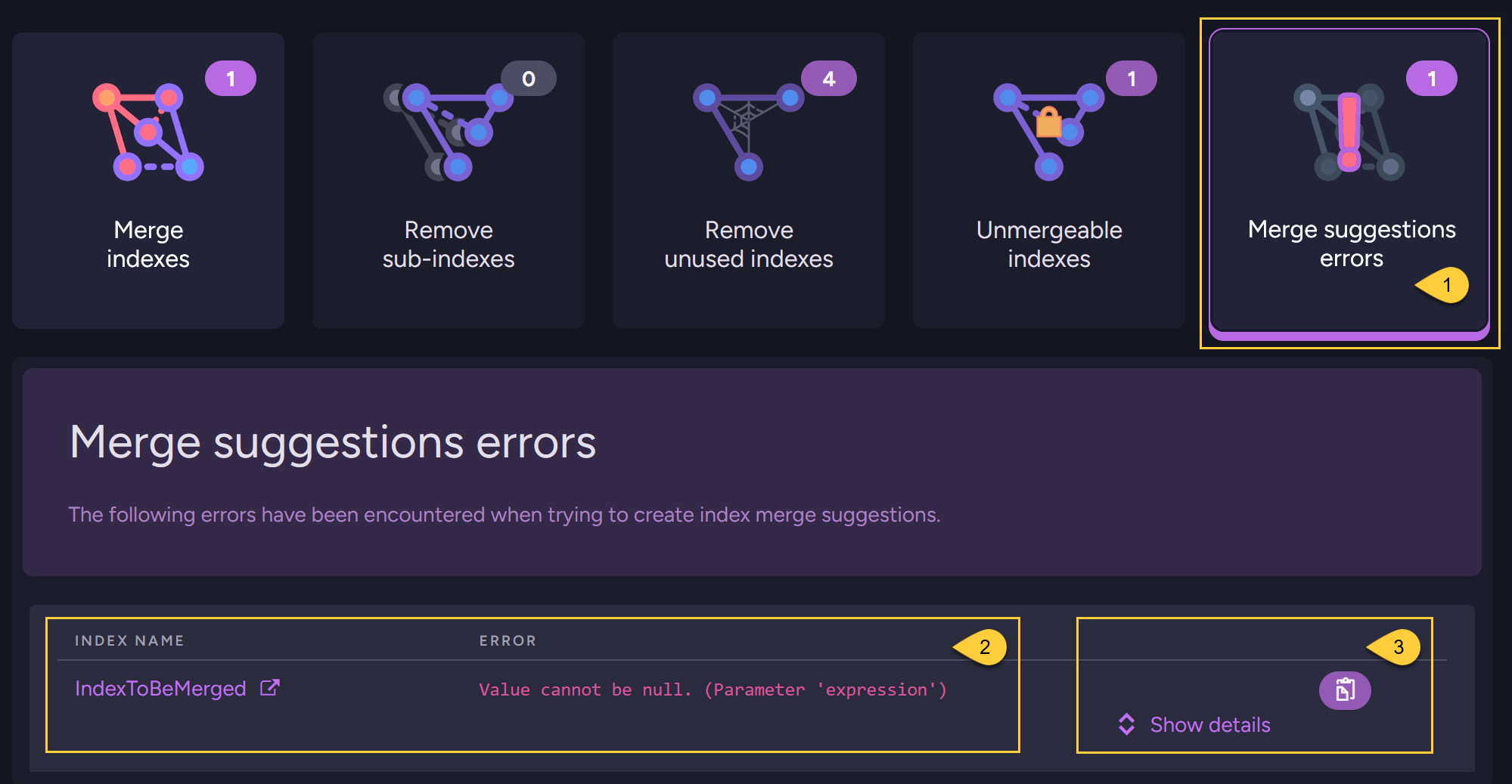 Index cleanup - Merge suggestions errors