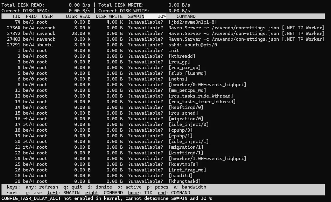 iotop output listing threads with DISK READ and DISK WRITE columns