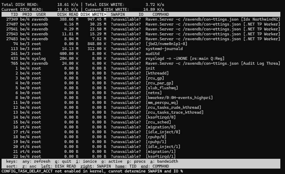 iotop sorted by DISK WRITE with the Idx NorthwindNZ thread at the top