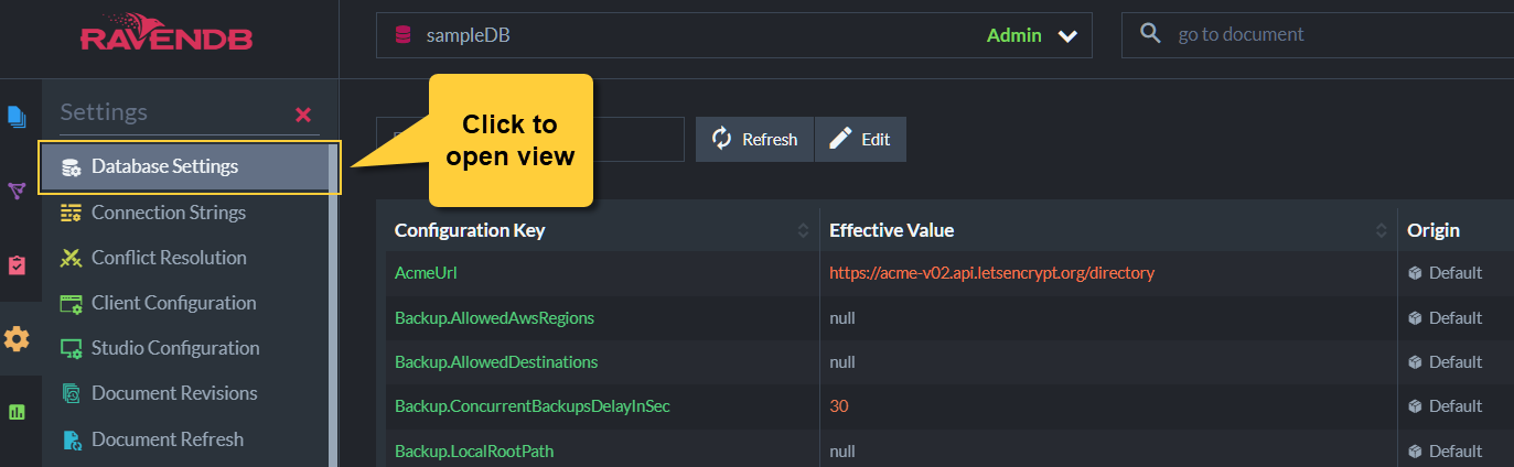Figure 7. Open Database Settings View