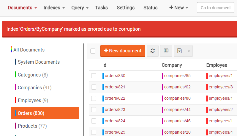 Figure 8. Studio. Indexes View. Index Corruption Message