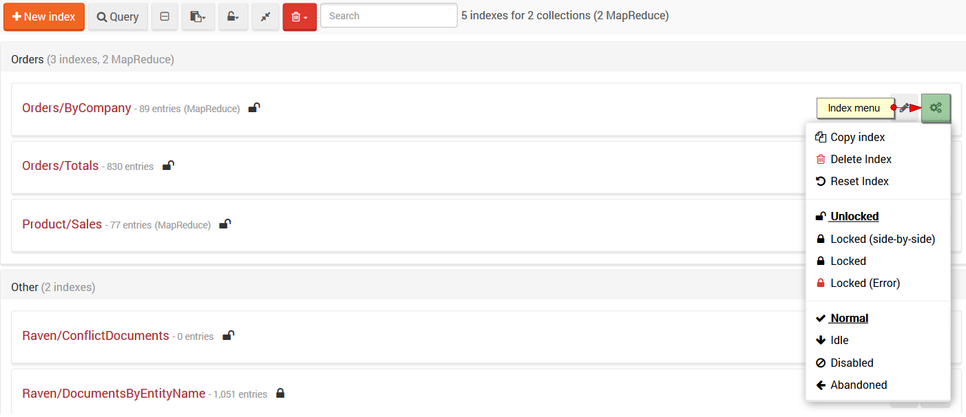 Figure 4. Studio. Indexes View. Menu.